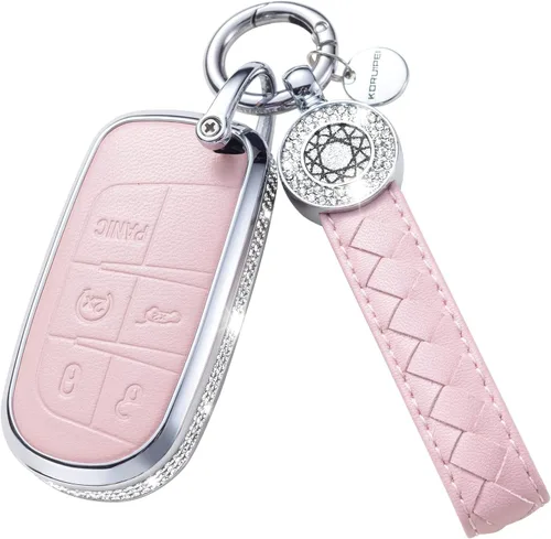 Vista 43 de Funda para llave inteligente con llavero, de piel auténtica color rosa, con cristales, carcasa protectora