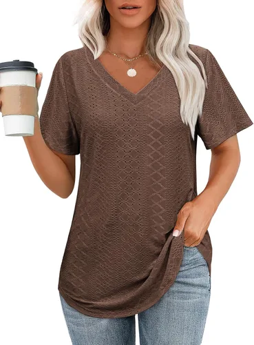 Vista 33 de OFEEFAN Camisetas básicas de manga corta con cuello en V para mujer, ajuste holgado, con dobladillo curvado B-verde
