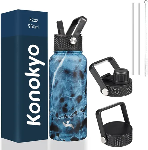 Vista 88 de Konokyo - Botella de agua aislada de 18 onzas, botellas deportivas de acero inoxidable con 3 tapas, verde militar