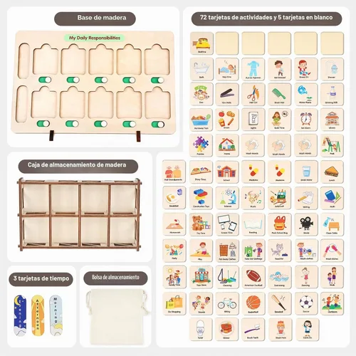 Vista 4 de Dreamon Horario Visual de Madera para Niños Tabla de Tareas, Tablas de Rutina Matutina y de Hora de Dormir para Niños Pequeños