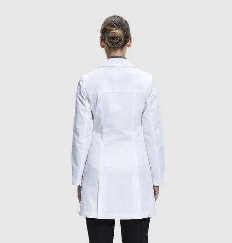 Vista 2 de Dr. James Abrigo de laboratorio para mujer, ajuste a medida, diseño femenino, blanco, 33 pulgadas de largo