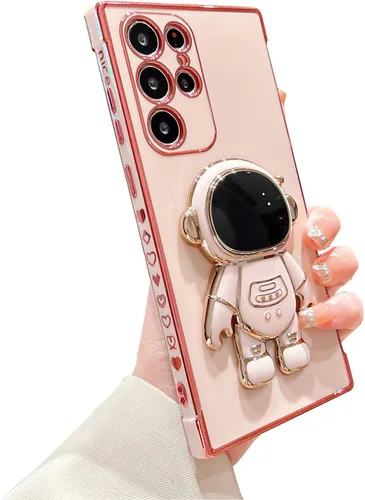 Vista 9 de Omio Funda para Samsung Galaxy S24 Plus con soporte oculto de astronauta, funda de lujo chapado en corazón con borde lateral, pequeño patrón de amor