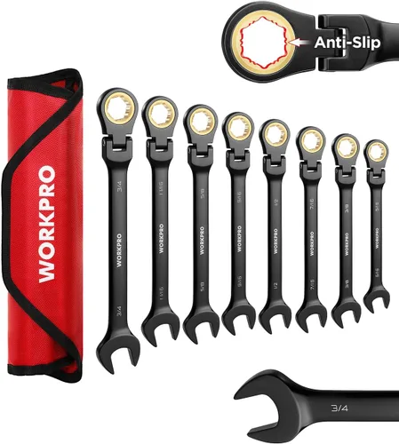 Vista 17 de WORKPRO Llave combinada de trinquete de 1/2 pulgada SAE, CR-V construida con cromado pulido espejo, diseño de 12 puntos, desplazamiento de 15 grados