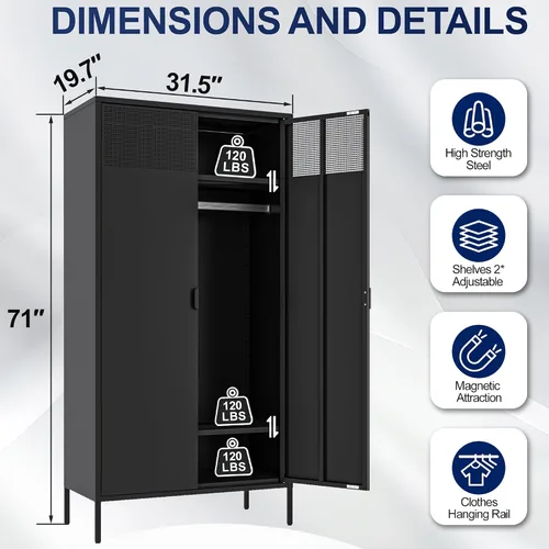 Vista 89 de Gabinete de almacenamiento de metal ancho negro, gabinete de acento de 2 puertas para el hogar y la oficina, gabinete de metal bajo de 2 niveles