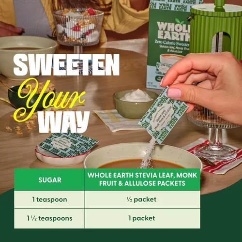 Vista 5 de Whole Earth Stevia & Monk Fruit con paquetes edulcorantes de alulosa, 40 unidades, cero calorías, apto para dieta cetogénica