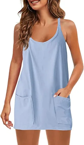 Vista 2 de OPISSU Vestido de tenis de verano para mujer con pantalones cortos, bolsillos, tirantes delgados, atlético, mini vestido de verano