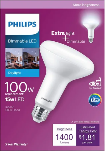 Vista 2 de PHILIPS Bombilla LED sin parpadeo de alto lumen regulable BR30, 1400 lúmenes, luz diurna (5000 K), 15 W = 100 W, base E26, certificado Título 20