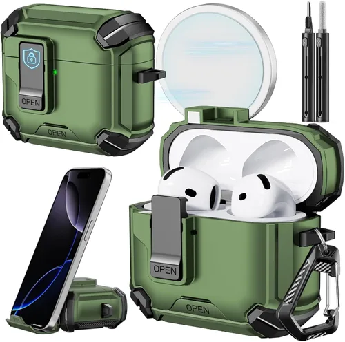 Vista 21 de Inesore Funda para AirPods Pro 1ª/2ª con bloqueo seguro (verde oscuro) Cubierta magnética de bloqueo automático con soporte para teléfono y kit