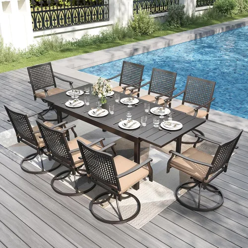 Vista 23 de PHI VILLA Juego de comedor al aire libre de 5 piezas para 4, sillas apilables con cojines y mesa cuadrada de madera de 37 pulgadas con agujero