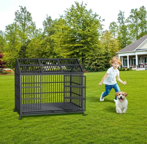 Vista 5 de Jaula resistente para perros de 52 pulgadas, doble puerta con ruedas bloqueables de 360° y bandeja extraíble, fácil de montar, jaula de metal