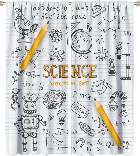 Vista 65 de Cortinas opacas para ventanas de ciencia para niños, lupa de libro de laboratorio de ciencia, lupa, frascos moleculares, cortinas impresas
