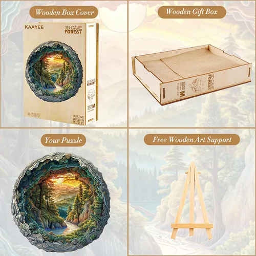 Vista 7 de KAAYEE Rompecabezas de madera para adultos, rompecabezas de madera con efecto de visión 3D, diseño de bosque cueva con forma única, rompecabezas