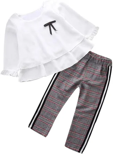 Vista 3 de Ropa de otoño para niñas de 2 a 6 años, blusa con volantes y pantalones de cuadrícula de estilo británico