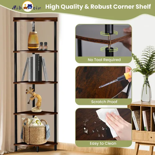 Vista 6 de Estante esquinero de madera de 5 niveles: estantería de esquina alta para sala de estar/dormitorio/baño/cocina/oficina en casa, estantes esquineros