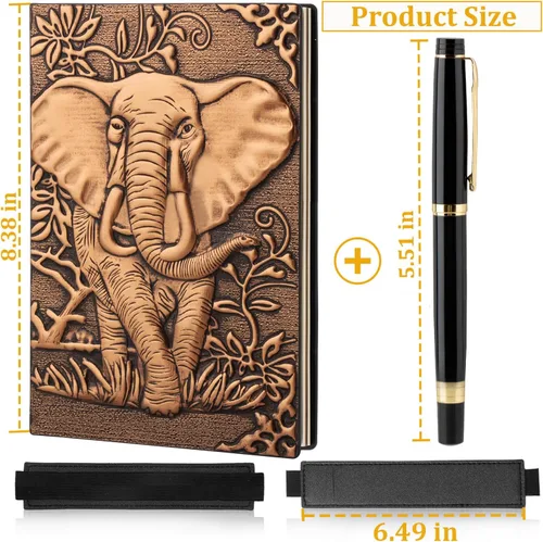 Vista 2 de FEIDIAO Cuaderno vintage de cuero con relieve de elefante con bolígrafo/funda para bolígrafo, cuaderno de tapa dura A5, para bloc de notas