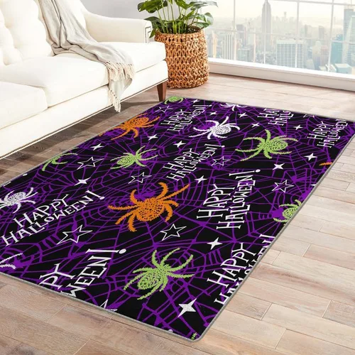 Vista 11 de Alfombras de Halloween para dormitorio, sala de estar, alfombra de tela de araña de murciélago de calabaza, 4 x 6 pies, lavable, antideslizante, Dfg2
