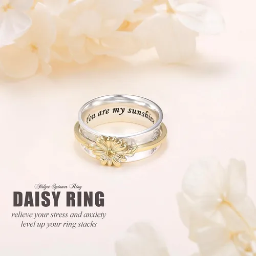 Vista 12 de Anillo giratorio para aliviar la ansiedad con margaritas You Are My Sunshine Flower Fidget Ring de plata esterlina TDAH para aliviar el estrés