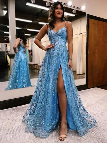 Vista 4 de Alikey Vestidos largos de encaje con lentejuelas y tirantes delgados, vestidos de noche con abertura y hombros descubiertos para mujer