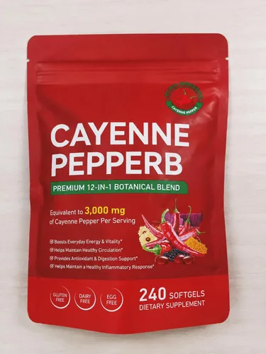 Vista 2 de Suplemento de cápsulas blandas de pimienta de cayena, rico en vitamina E D3+K2 y extractos de semilla de uva, espino, remolacha y otros, apoya