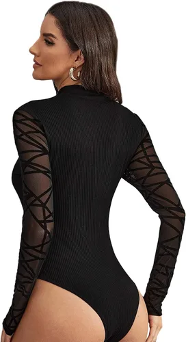 Vista 2 de Romwe Body de manga larga con estampado geométrico para mujer, elástico, sexy, para fiesta