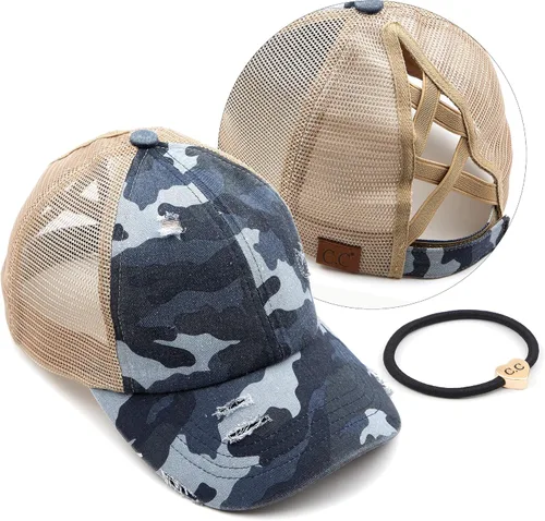Vista 9 de C.C Gorra de béisbol de malla con diseño de estrella brillante, gorra de camionero ajustable para moño o cola de caballo Una banda elástica-negro