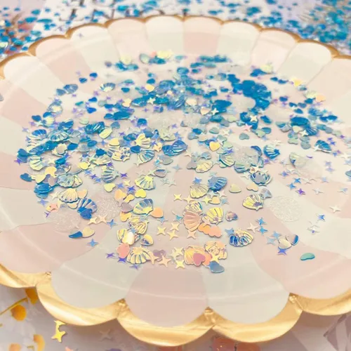 Vista 7 de 2000 piezas de confeti de mesa de PVC con purpurina de conchas de sirena para bodas, cumpleaños, despedidas de soltera, decoraciones de fiesta
