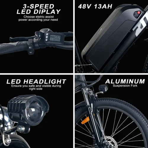 Vista 6 de ZNH Bicicleta eléctrica de 750 W 1000 W para adultos, batería extraíble de 48 V 13 Ah, bicicleta eléctrica de neumático de 26 pulgadas, hasta 60