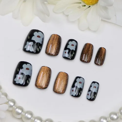Vista 14 de 24 uñas postizas cuadradas a presión, cortas, bonitas, florales, acrílicas, con diseños de flores de arcoíris, uñas reutilizables con pegamento