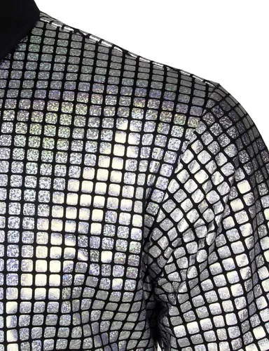Vista 5 de JOGAL Camisa de vestir para hombre de lentejuelas plateadas manga corta botones hacia abajo de los años 70