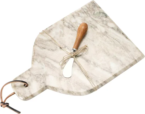 Vista 5 de Creative Co-Op Juego de 2 tablas de cortar y queso de mármol con asa, corbata de cuero y cuchillo canapé, pulidor