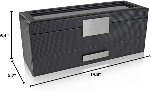 Vista 9 de Caja de reloj con cajón de Valet para hombre - organizador de exhibición de la caja de reloj de lujo de 6 ranuras, diseño de fibra de carbón