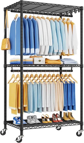 Vista 7 de P8 Perchero de Ropa Resistente (Con Diseño de Ancho Extendido) Percheros Rodantes para Colgar Ropa, Perchero Portátil con Ruedas Bloqueables, 51.2