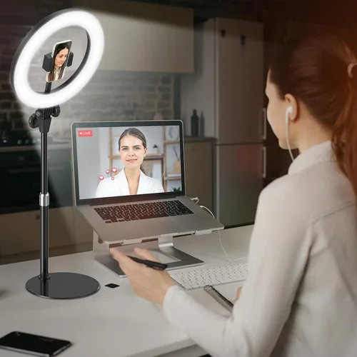 Vista 9 de Anillo de luz de escritorio de 10 pulgadas con soporte, iluminación de zoom con soporte para teléfono para computadora, videollamadas, conferencias