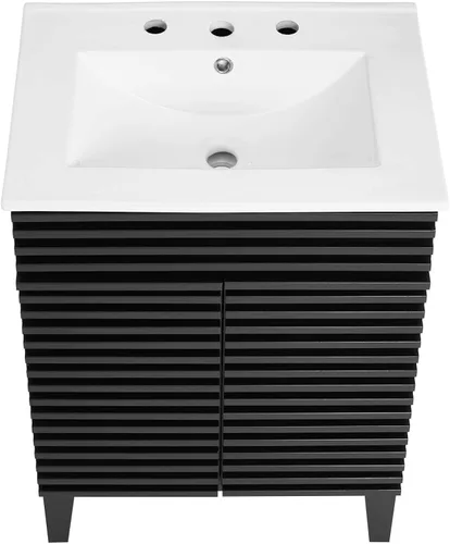 Vista 6 de Modway Render - Mueble de baño de estilo moderno de mediados de siglo con lavabo, color blanco y negro Negro blanco