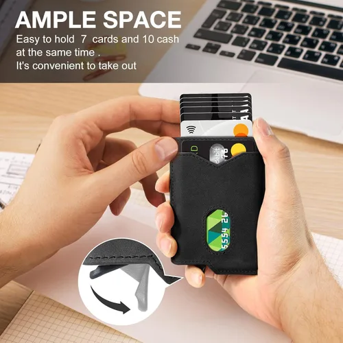 Vista 2 de GSOIAX Cartera delgada para hombre, piel auténtica, piel vacuna minimalista con bloqueo RFID y caja de regalo, Negro -, Slim