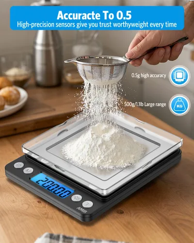 Vista 6 de AMIR - Báscula digital de cocina, 17.64 oz, báscula de bolsillo para joyas, báscula de cocina con pantalla LCD retroiluminada, 2 bandejas, 6