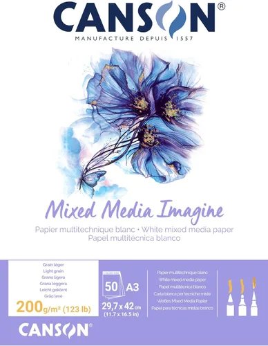 Vista 4 de Canson Imagine Mixed Media - Papel de 7.05 oz/m², color blanco natural, bloc A1, incluye 25 hojas