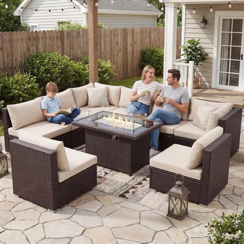 Vista 75 de NICESOUL Juego de muebles de patio de ratán extra grande con mesa para fogata de gas y propano, 29.3 pulgadas, respaldo alto, cómodos conversaciones