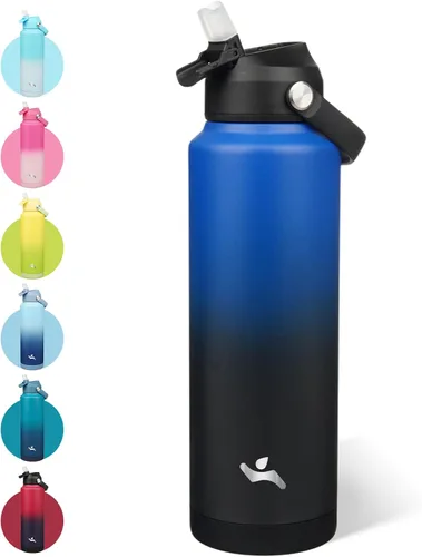 Vista 51 de Konokyo - Botella de agua deportiva aislada de acero inoxidable de 18 onzas con tapa con popote Black; BPA-free, leak-proof sports bottle with
