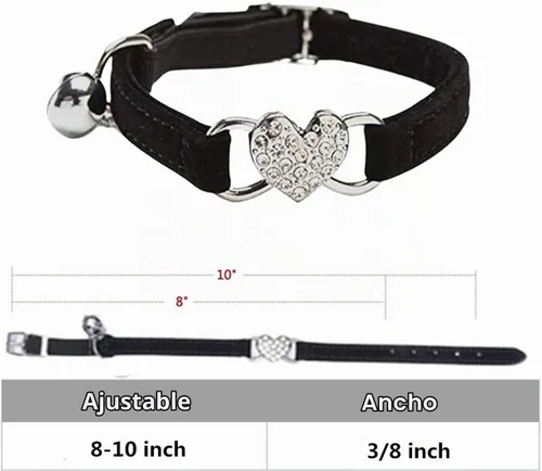 Vista 2 de Collar de gato con corazón brillante con cinturón de seguridad y campana ajustable de 8 a 10 pulgadas para gatos gatitos (negro)
