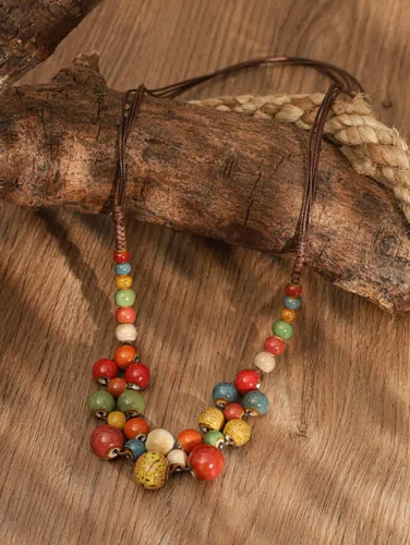 Vista 2 de MINACHI Hippie Boho - Collar de cuentas redondas de cerámica colorida, estilo bohemio, regalo de joyería para mujer