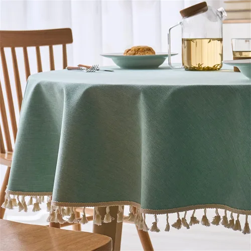 Vista 11 de Dimatic Mantel redondo con textura de lino con ribete de encaje, impermeable, a prueba de derrames, para decoración de mesa de cocina, comedor, Beige