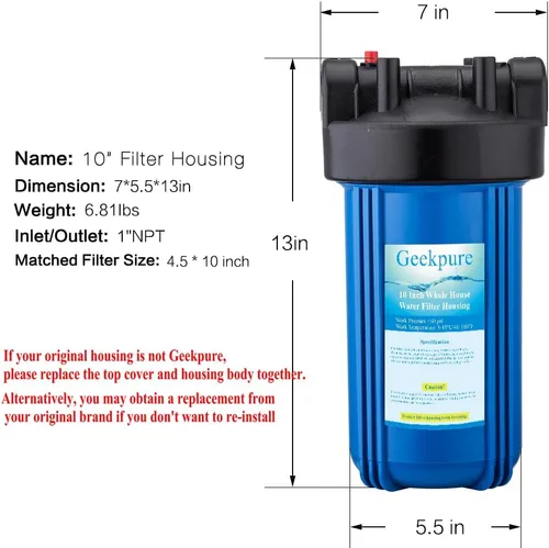 Vista 3 de Geekpure Carcasa de filtro de agua grande de 10 pulgadas para toda la casa, apta para filtros de 4.5 x 10 pulgadas, puerto de latón azul de 1