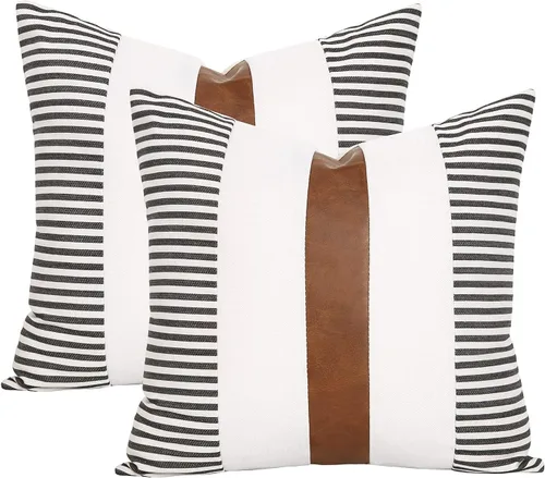 Vista 2 de Fundas de almohada de estilo granja JASEN de 20x20 pulgadas, juego de 2 fundas de almohada de piel sintética modernas decorativas para sofá