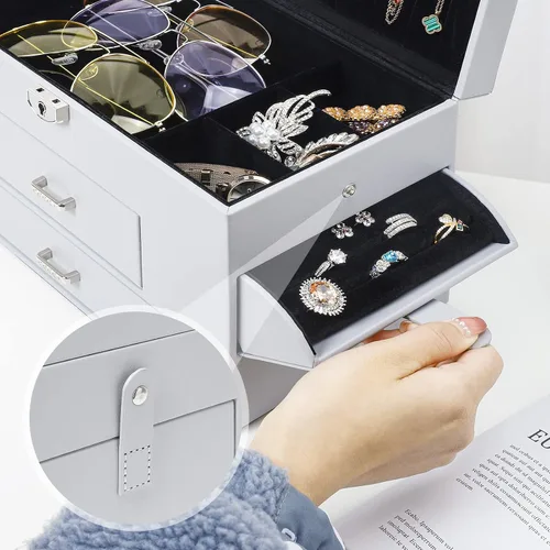 Vista 8 de Homde Joyero organizador para mujeres y niñas estuche grande de almacenamiento de joyas con cajón collar aretes anillos reloj gafas de sol