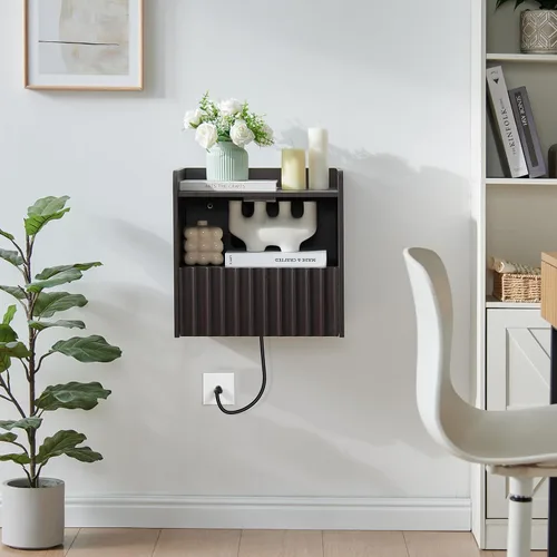 Vista 7 de BuildHom Moderna mesita de noche flotante acanalada montada en la pared, juego de 2 mesitas de noche con cajón de almacenamiento y estante
