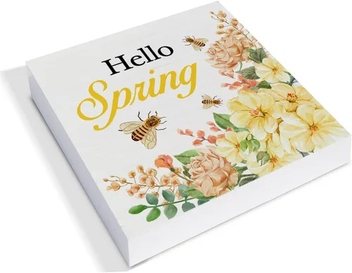 Vista 2 de Letrero de madera con diseño de flores de primavera de campo, decoración de escritorio, tulipanes florales, con cita de Hello Spring, caja