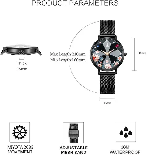 Vista 5 de SK Shengke - Reloj ultra delgado de creativo diseño minimalista floral o de cielo estrellado con extensibles de piel genuina o acero