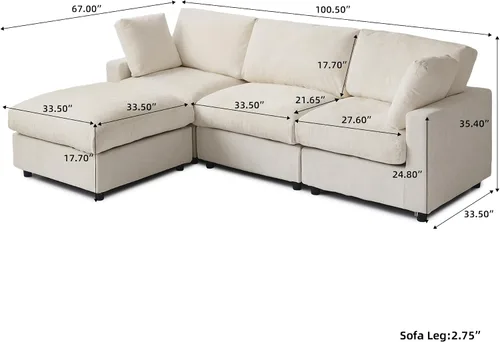 Vista 2 de Sofá modular de nube seccional, moderno sofá en forma de L con otomana, 100 pulgadas, 3 plazas de felpilla para asiento profundo para sala de estar