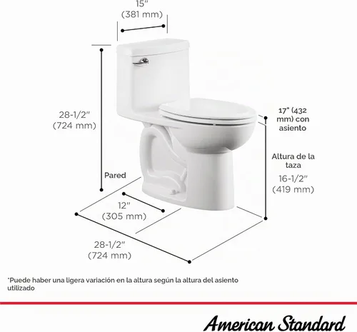 Vista 7 de American Standard 612AA001.020 Compact Cadet 3, inodoro de una pieza con asiento de cierre lento y anillo de cera, parte delantera alargada Blanco